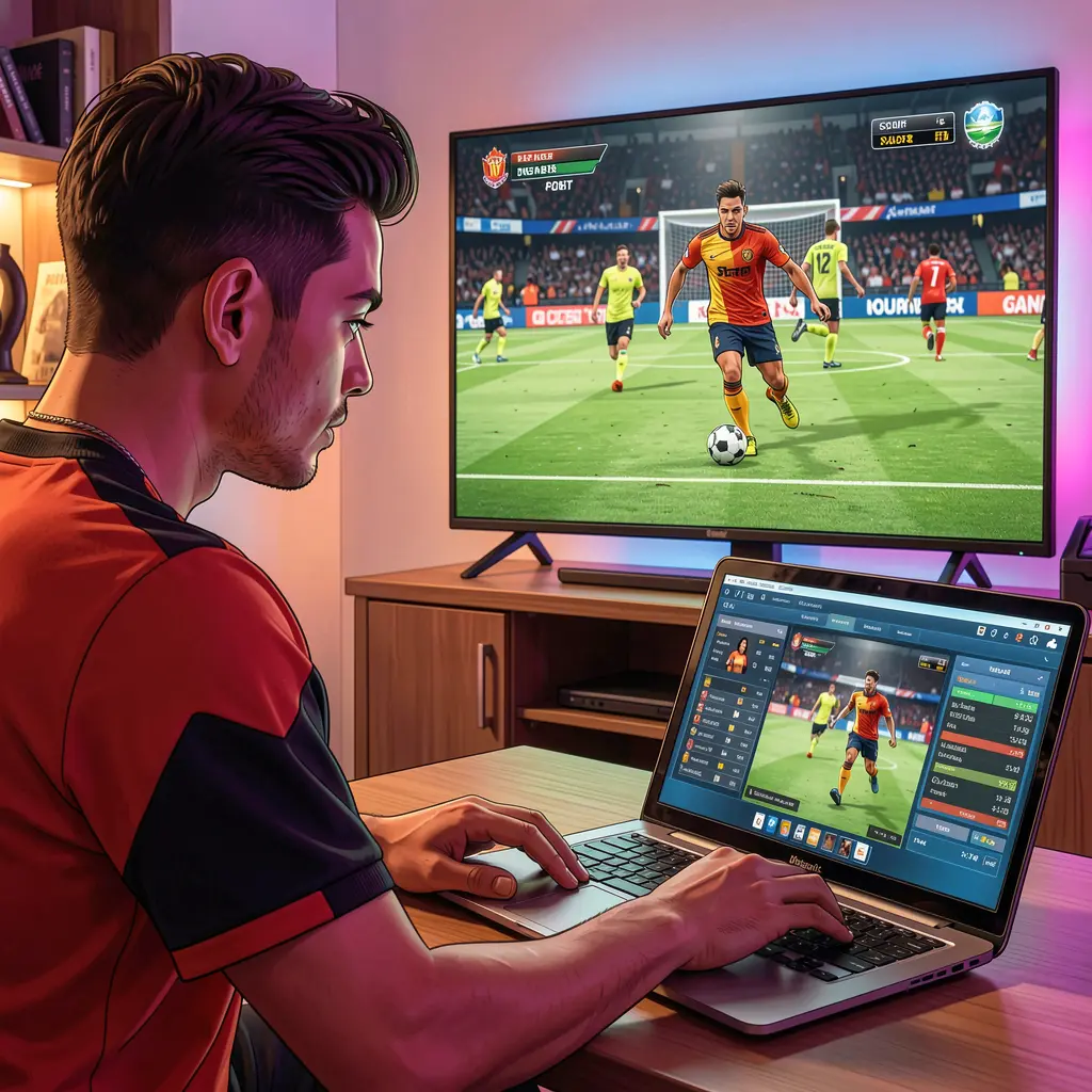 Focused Malaysian sports bettor using a laptop at home with a live football match on TV while placing bets through JK32