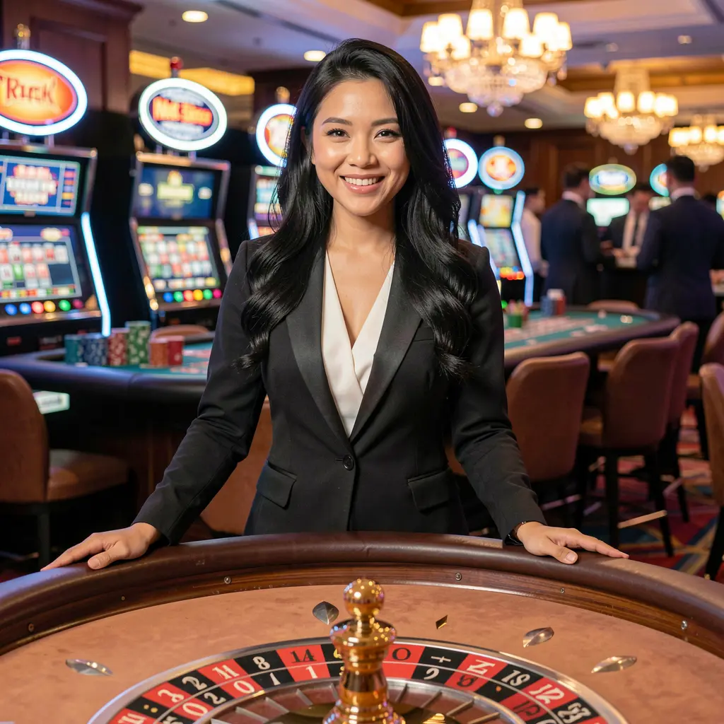 Professional female live casino dealer with long black hair smiling confidently at a roulette table in a luxury casino setting showcasing the JK32 live casino experience for players in Malaysia