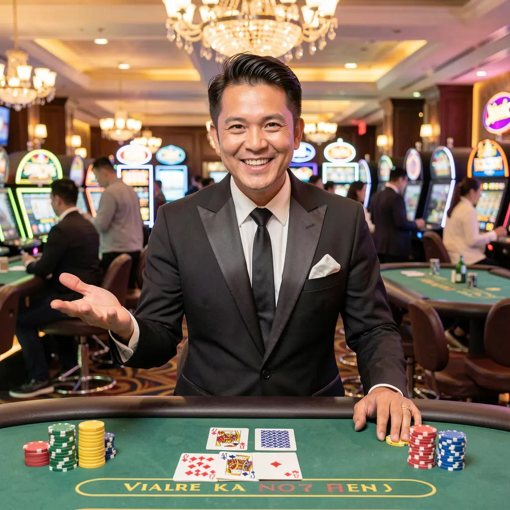 Professional live casino dealer standing at a gaming table with cards and chips representing the trusted JK32 casino login experience for Malaysia